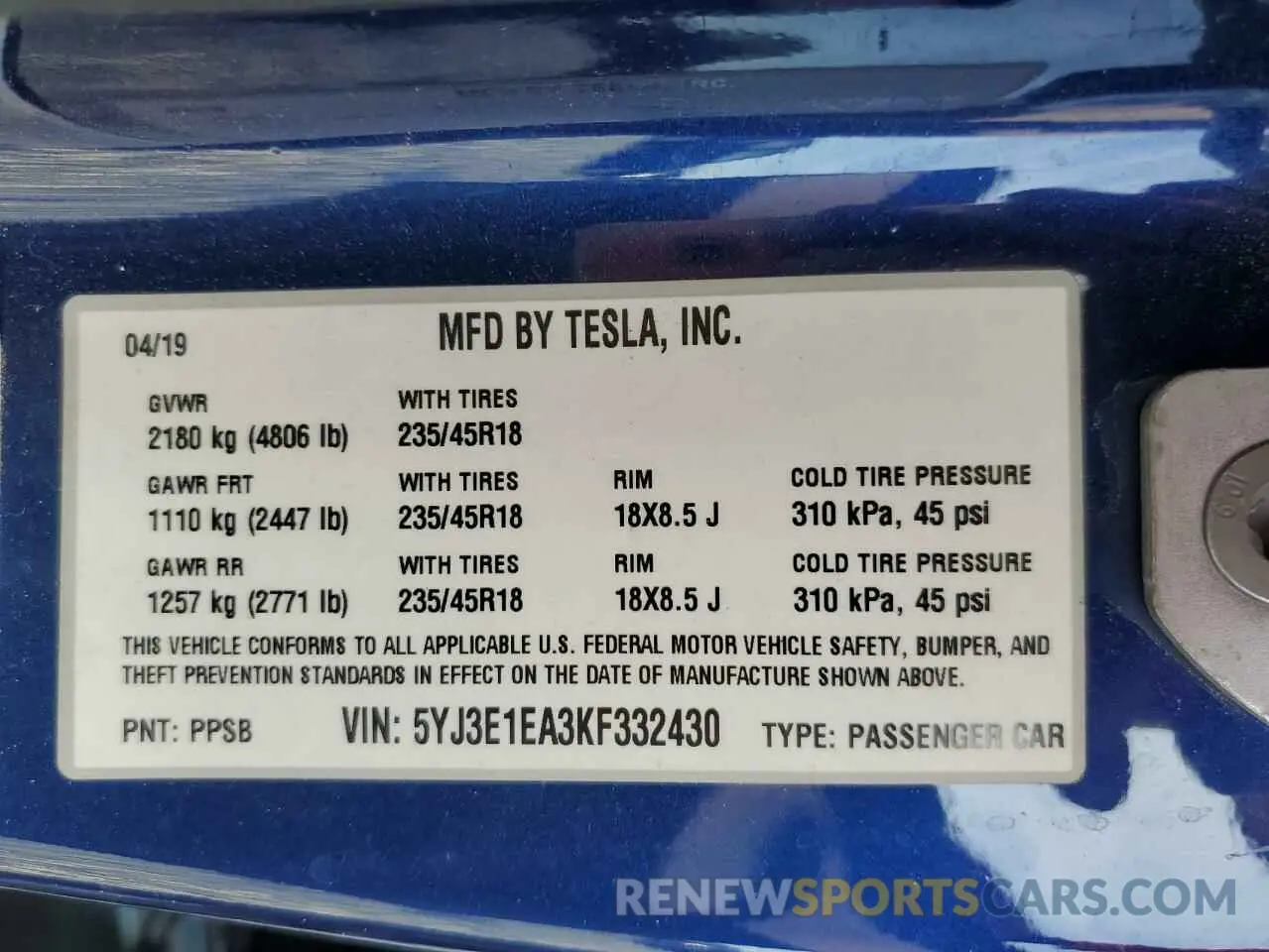13 Photograph of a damaged car 5YJ3E1EA3KF332430 TESLA MODEL 3 2019