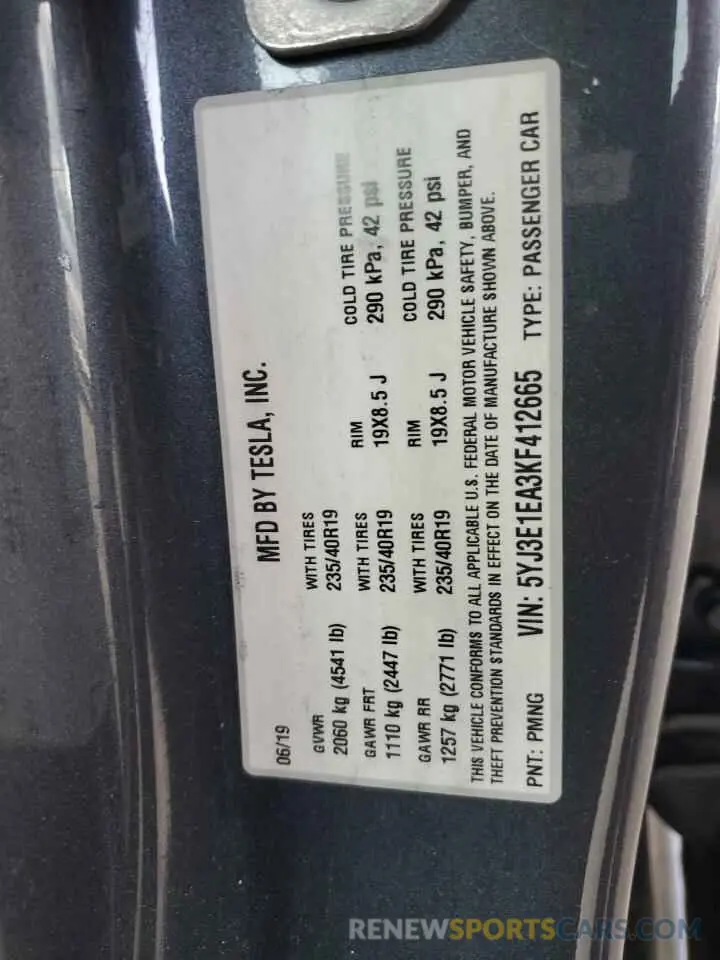 12 Фотография поврежденного автомобиля 5YJ3E1EA3KF412665 TESLA MODEL 3 2019