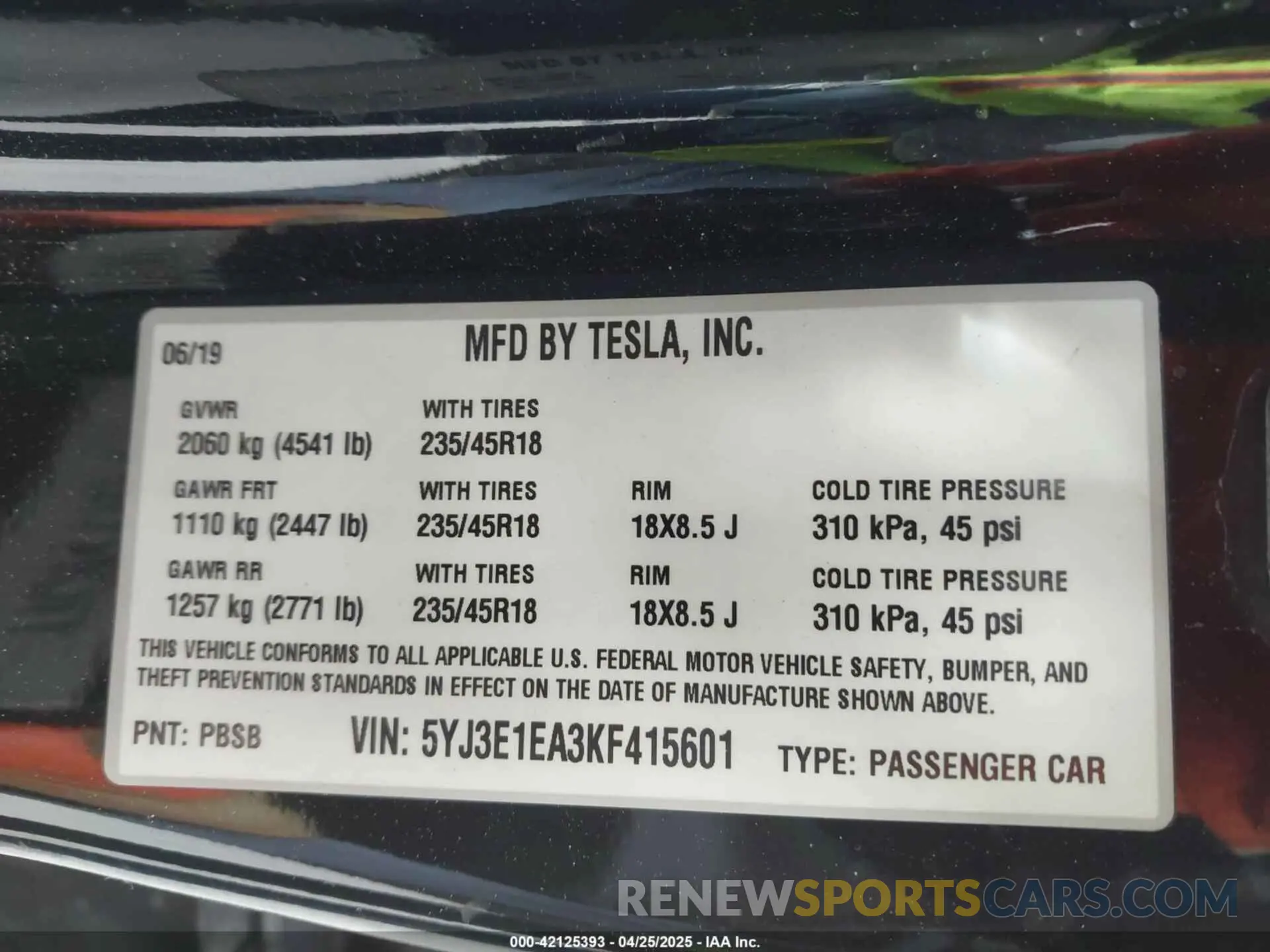 9 Фотография поврежденного автомобиля 5YJ3E1EA3KF415601 TESLA MODEL 3 2019