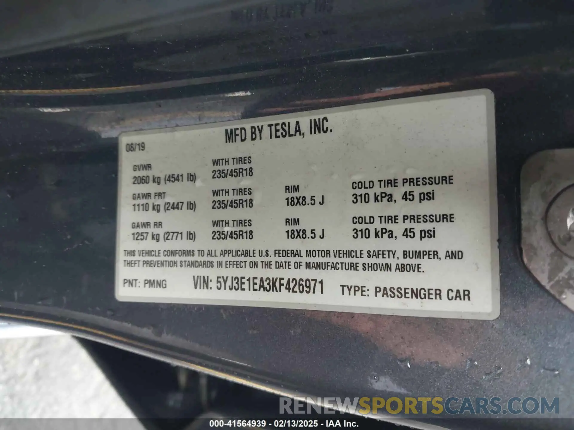 9 Фотография поврежденного автомобиля 5YJ3E1EA3KF426971 TESLA MODEL 3 2019