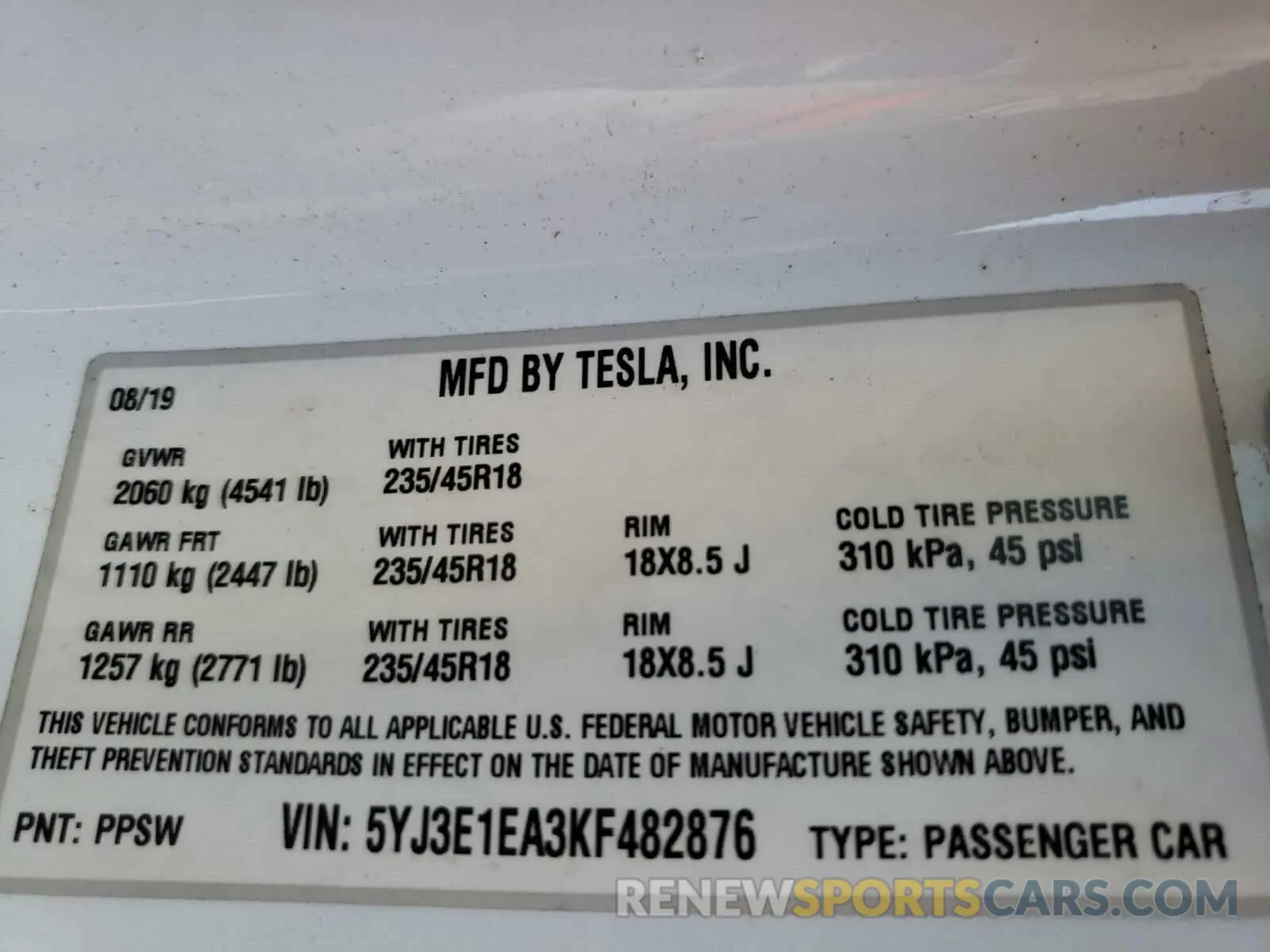 10 Photograph of a damaged car 5YJ3E1EA3KF482876 TESLA MODEL 3 2019