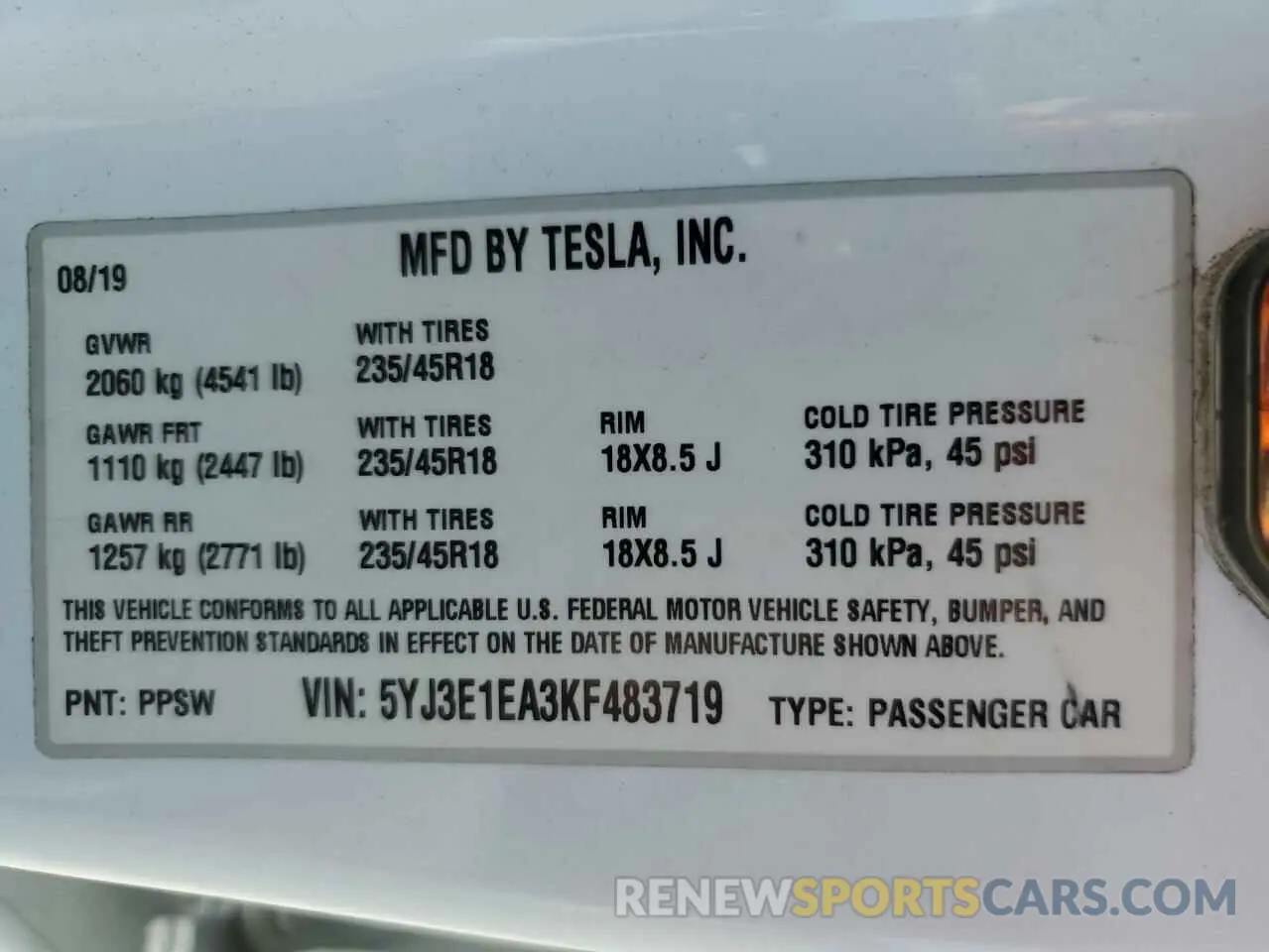 12 Фотография поврежденного автомобиля 5YJ3E1EA3KF483719 TESLA MODEL 3 2019