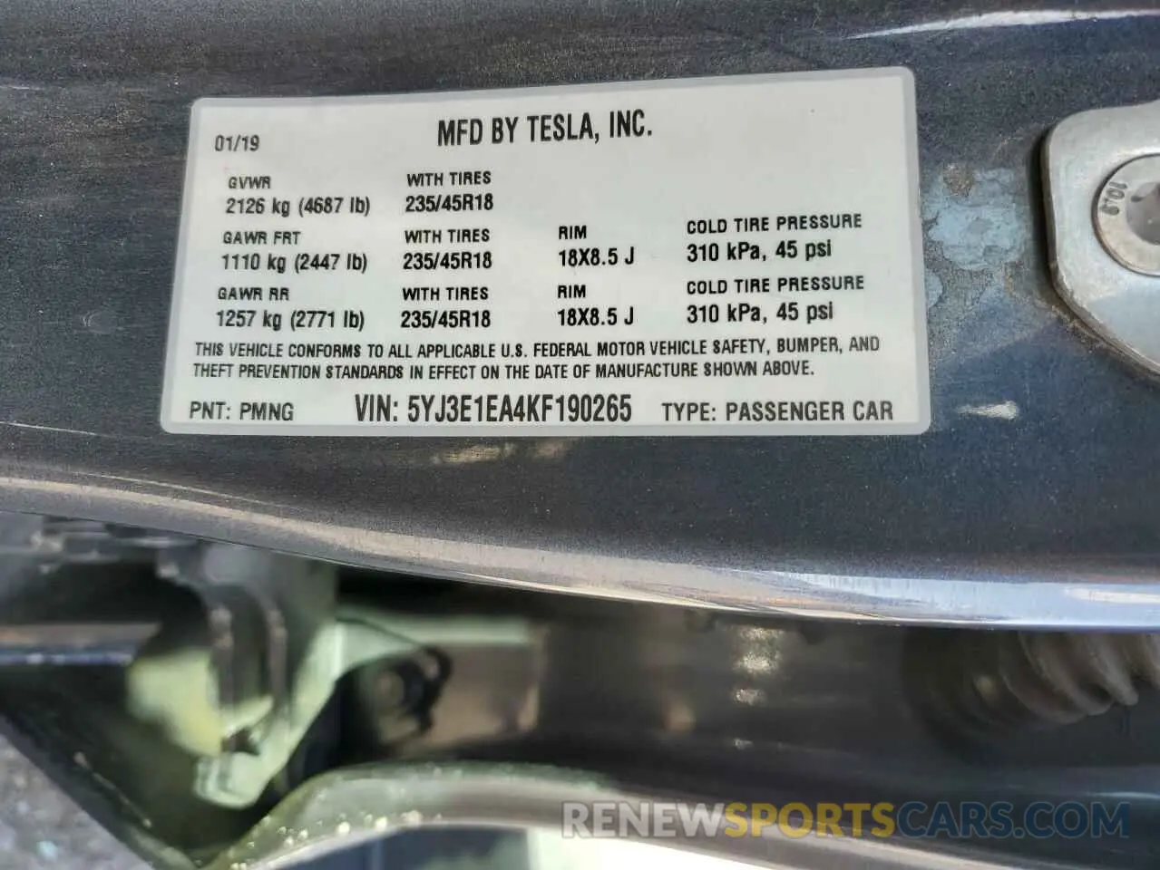 12 Photograph of a damaged car 5YJ3E1EA4KF190265 TESLA MODEL 3 2019