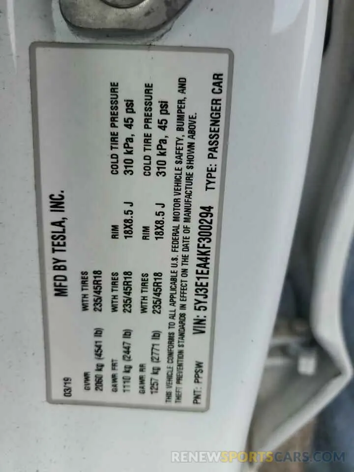 12 Фотография поврежденного автомобиля 5YJ3E1EA4KF300294 TESLA MODEL 3 2019