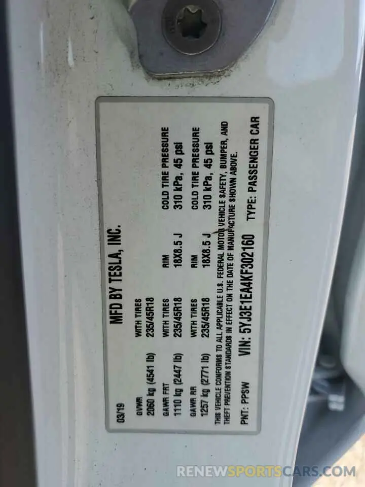 12 Photograph of a damaged car 5YJ3E1EA4KF302160 TESLA MODEL 3 2019