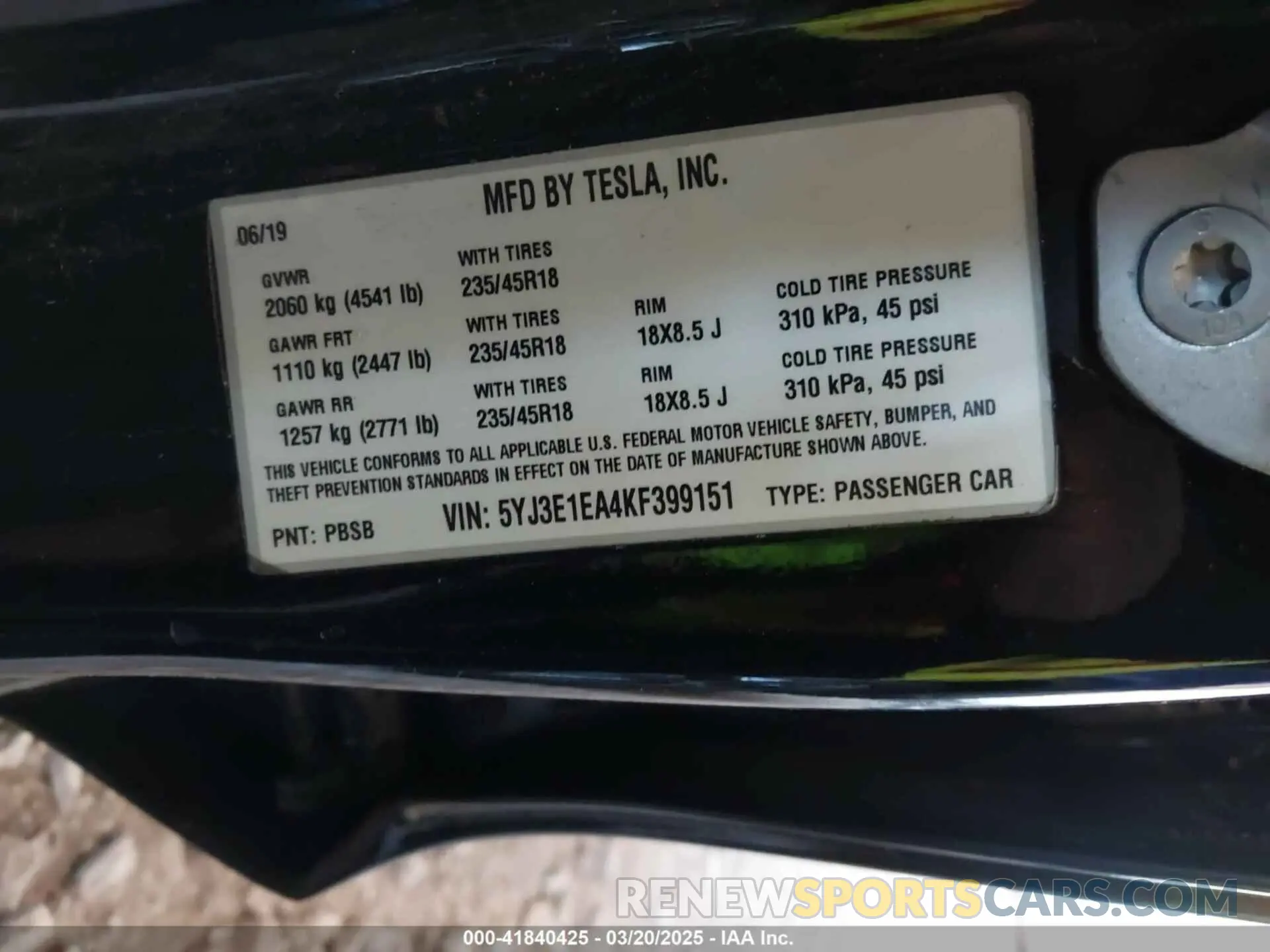 8 Фотография поврежденного автомобиля 5YJ3E1EA4KF399151 TESLA MODEL 3 2019
