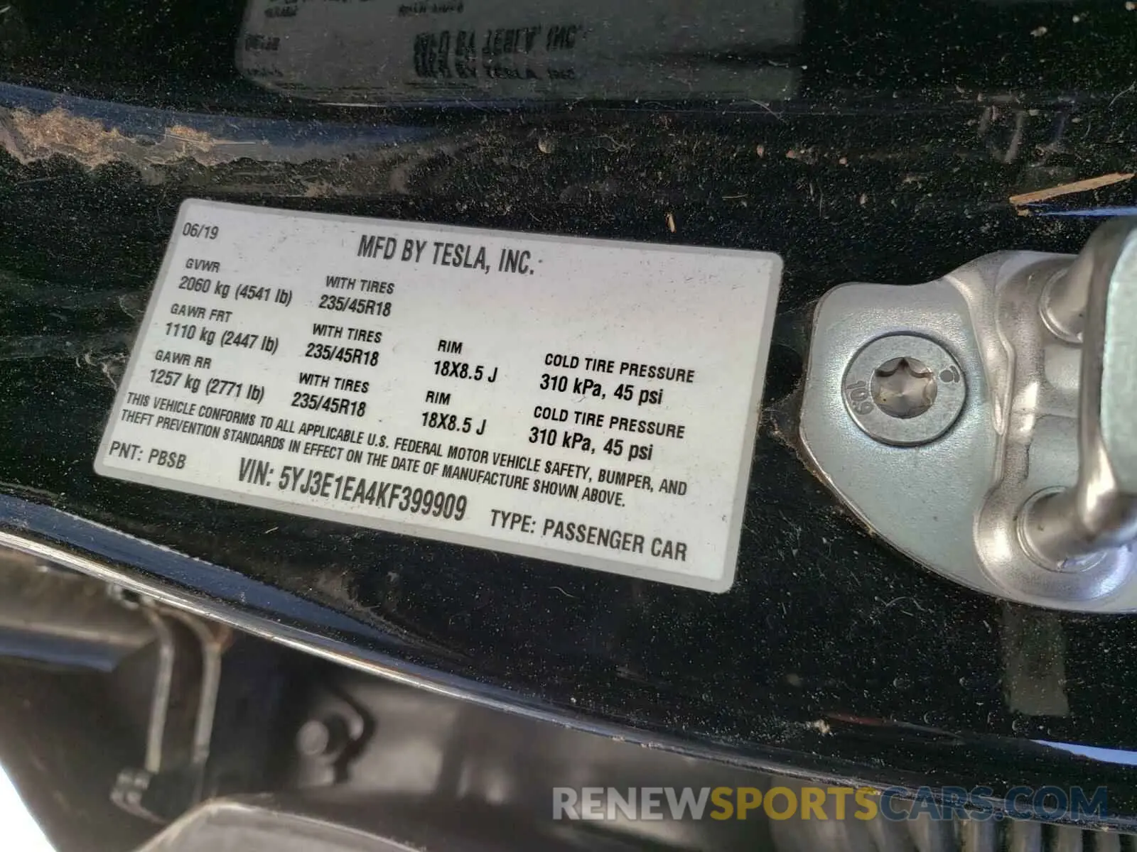 10 Фотография поврежденного автомобиля 5YJ3E1EA4KF399909 TESLA MODEL 3 2019
