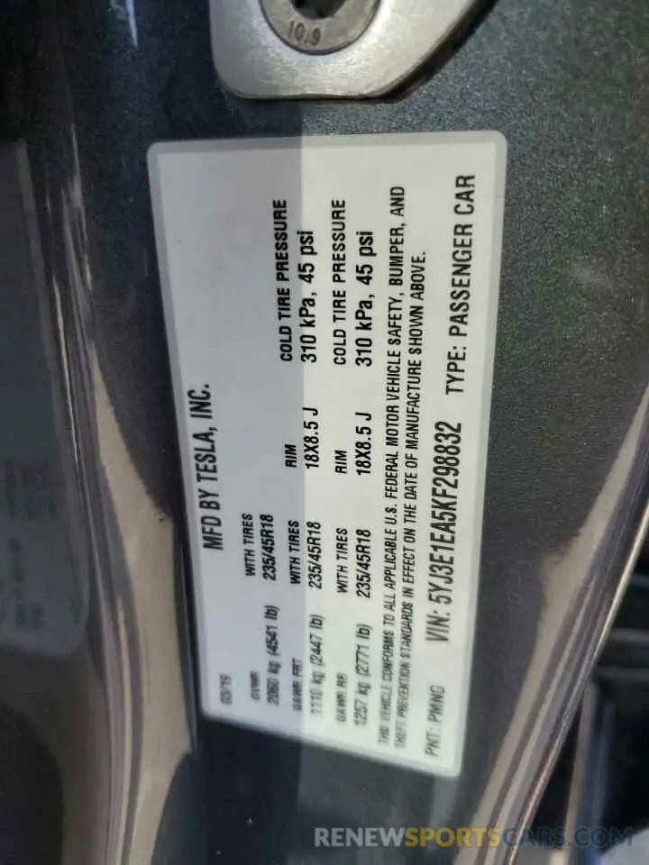 12 Фотография поврежденного автомобиля 5YJ3E1EA5KF298832 TESLA MODEL 3 2019