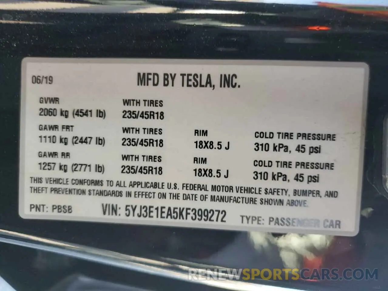 12 Фотография поврежденного автомобиля 5YJ3E1EA5KF399272 TESLA MODEL 3 2019