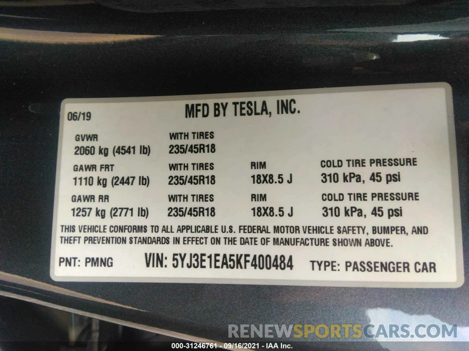 9 Photograph of a damaged car 5YJ3E1EA5KF400484 TESLA MODEL 3 2019