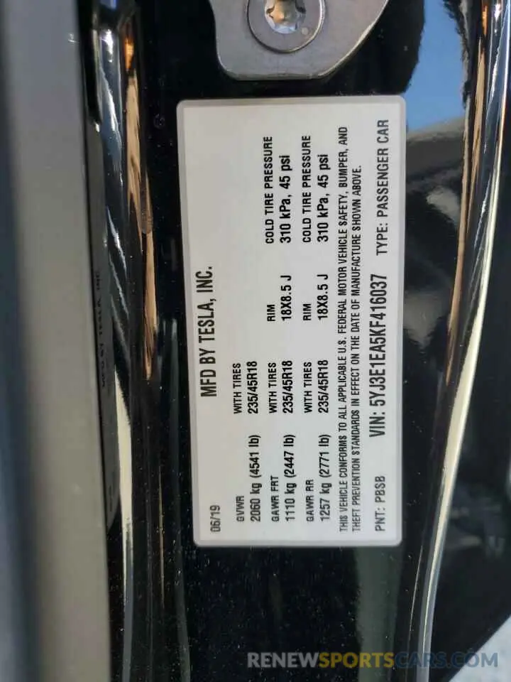 12 Photograph of a damaged car 5YJ3E1EA5KF416037 TESLA MODEL 3 2019