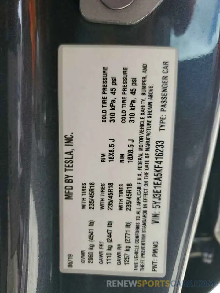 13 Photograph of a damaged car 5YJ3E1EA5KF416233 TESLA MODEL 3 2019
