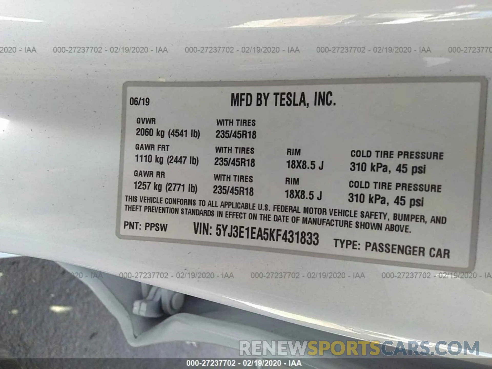 9 Photograph of a damaged car 5YJ3E1EA5KF431833 TESLA MODEL 3 2019