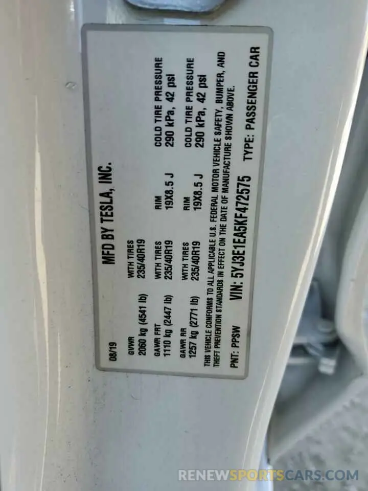 13 Photograph of a damaged car 5YJ3E1EA5KF472575 TESLA MODEL 3 2019