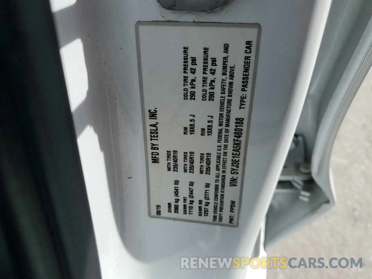 12 Photograph of a damaged car 5YJ3E1EA5KF480188 TESLA MODEL 3 2019