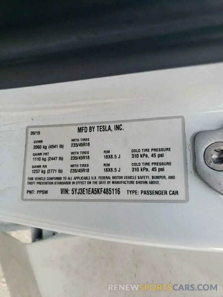 14 Photograph of a damaged car 5YJ3E1EA5KF485116 TESLA MODEL 3 2019