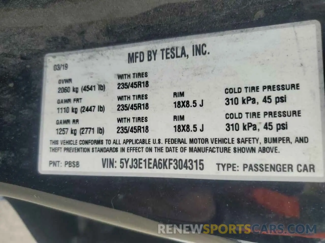 12 Фотография поврежденного автомобиля 5YJ3E1EA6KF304315 TESLA MODEL 3 2019