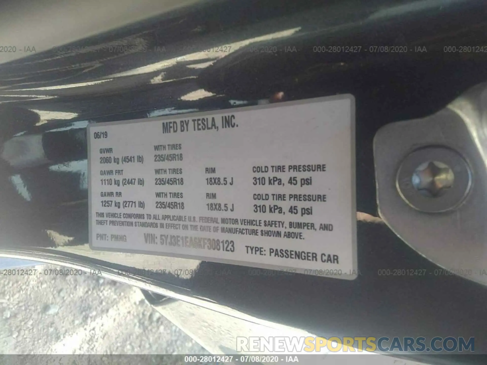 9 Photograph of a damaged car 5YJ3E1EA6KF308123 TESLA MODEL 3 2019
