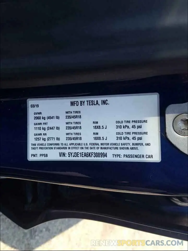 10 Photograph of a damaged car 5YJ3E1EA6KF308994 TESLA MODEL 3 2019