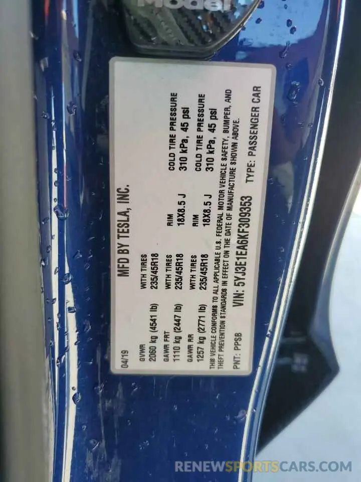 12 Photograph of a damaged car 5YJ3E1EA6KF309353 TESLA MODEL 3 2019