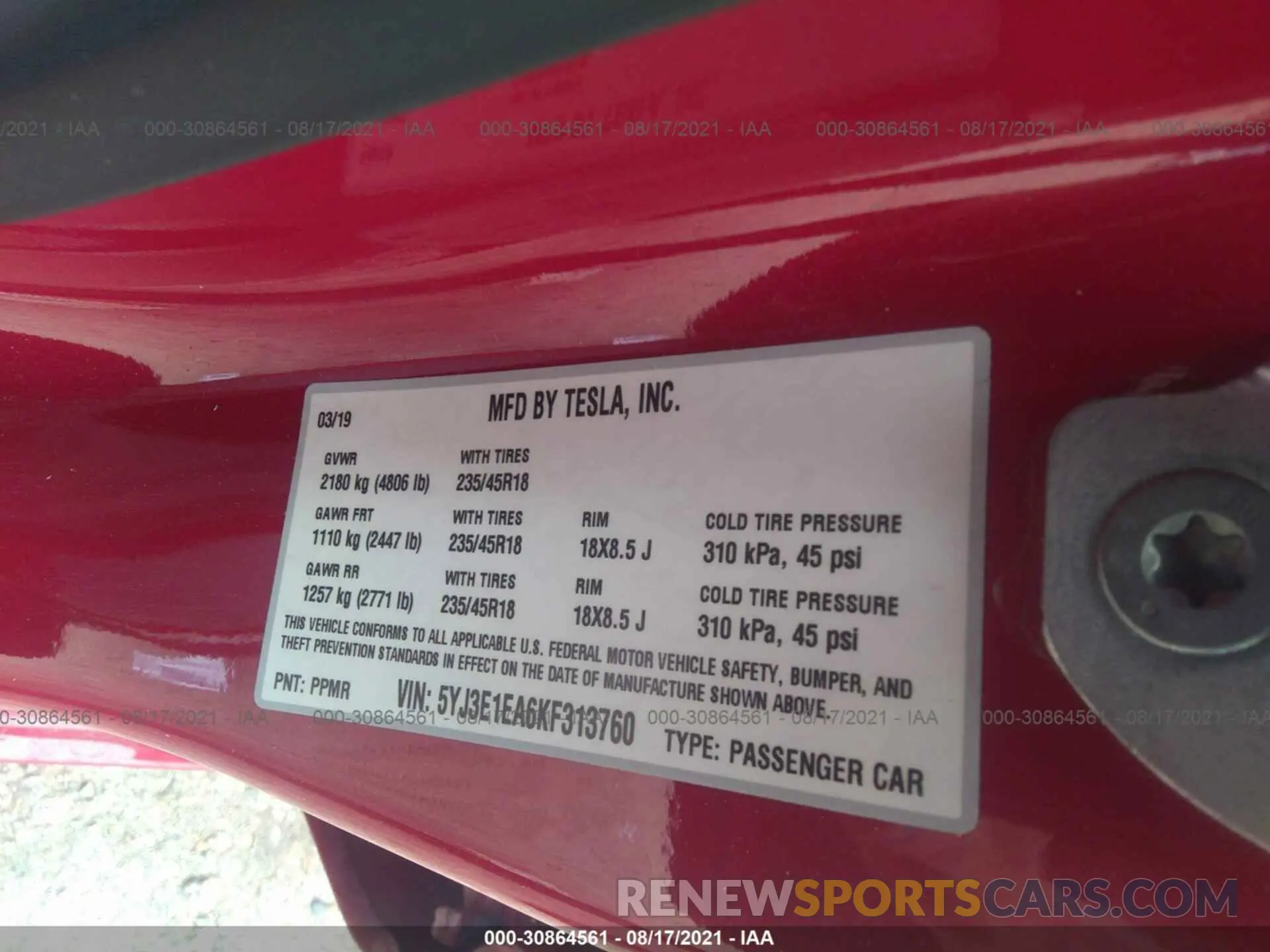 9 Photograph of a damaged car 5YJ3E1EA6KF313760 TESLA MODEL 3 2019
