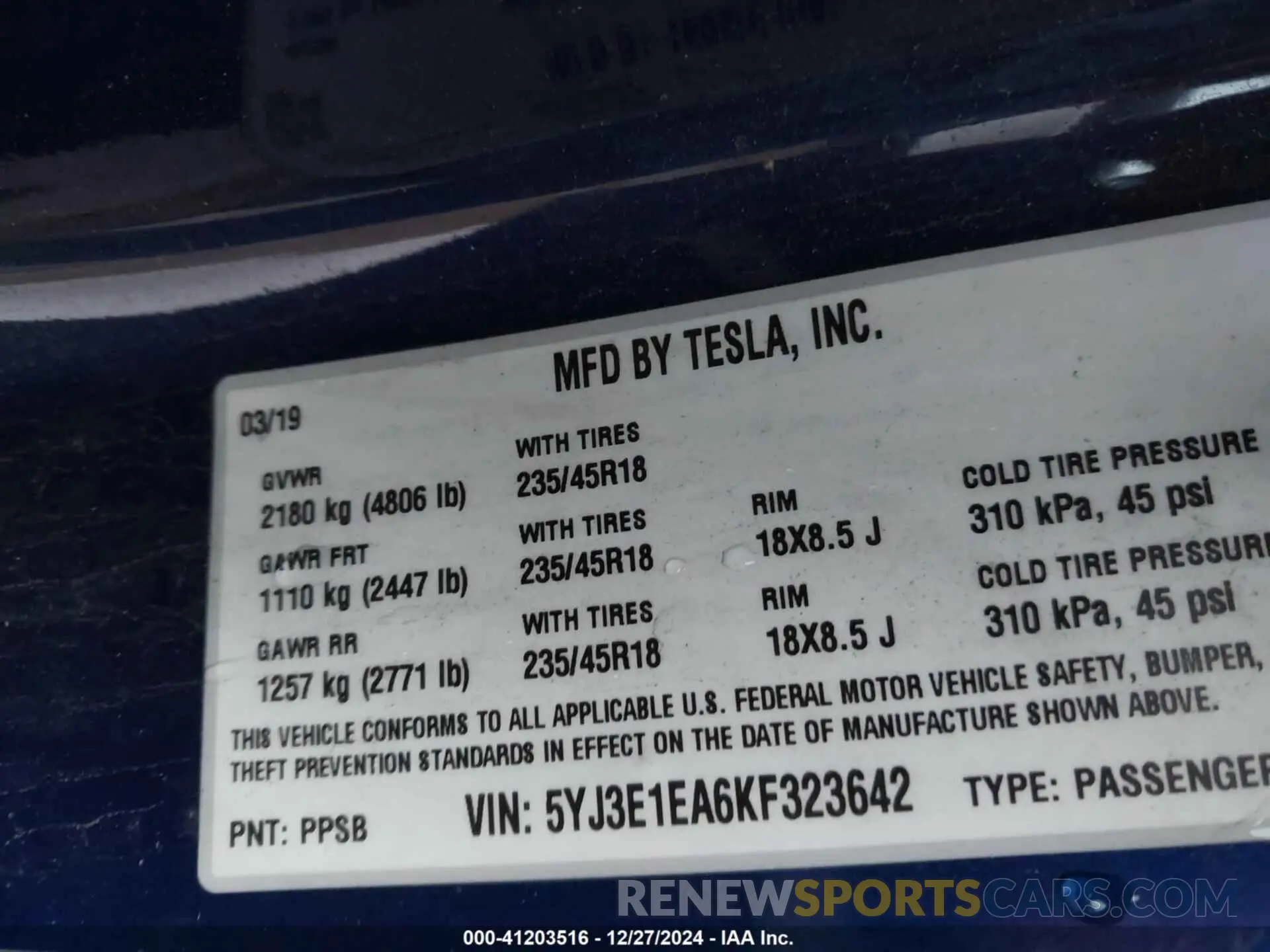 9 Photograph of a damaged car 5YJ3E1EA6KF323642 TESLA MODEL 3 2019