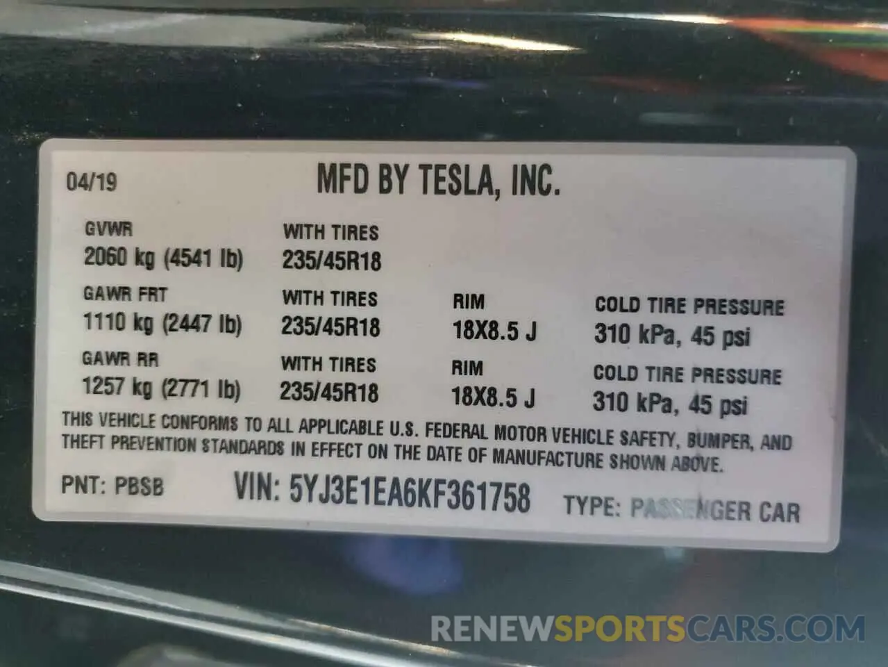 12 Фотография поврежденного автомобиля 5YJ3E1EA6KF361758 TESLA MODEL 3 2019