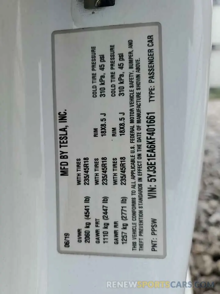 13 Photograph of a damaged car 5YJ3E1EA6KF401661 TESLA MODEL 3 2019