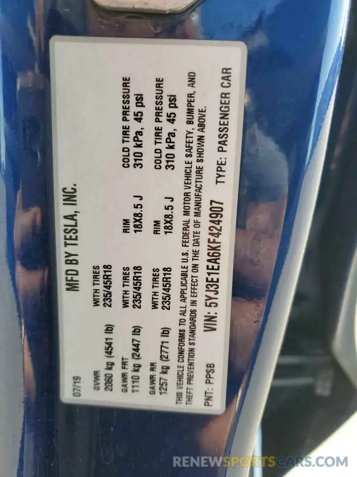 14 Photograph of a damaged car 5YJ3E1EA6KF424907 TESLA MODEL 3 2019