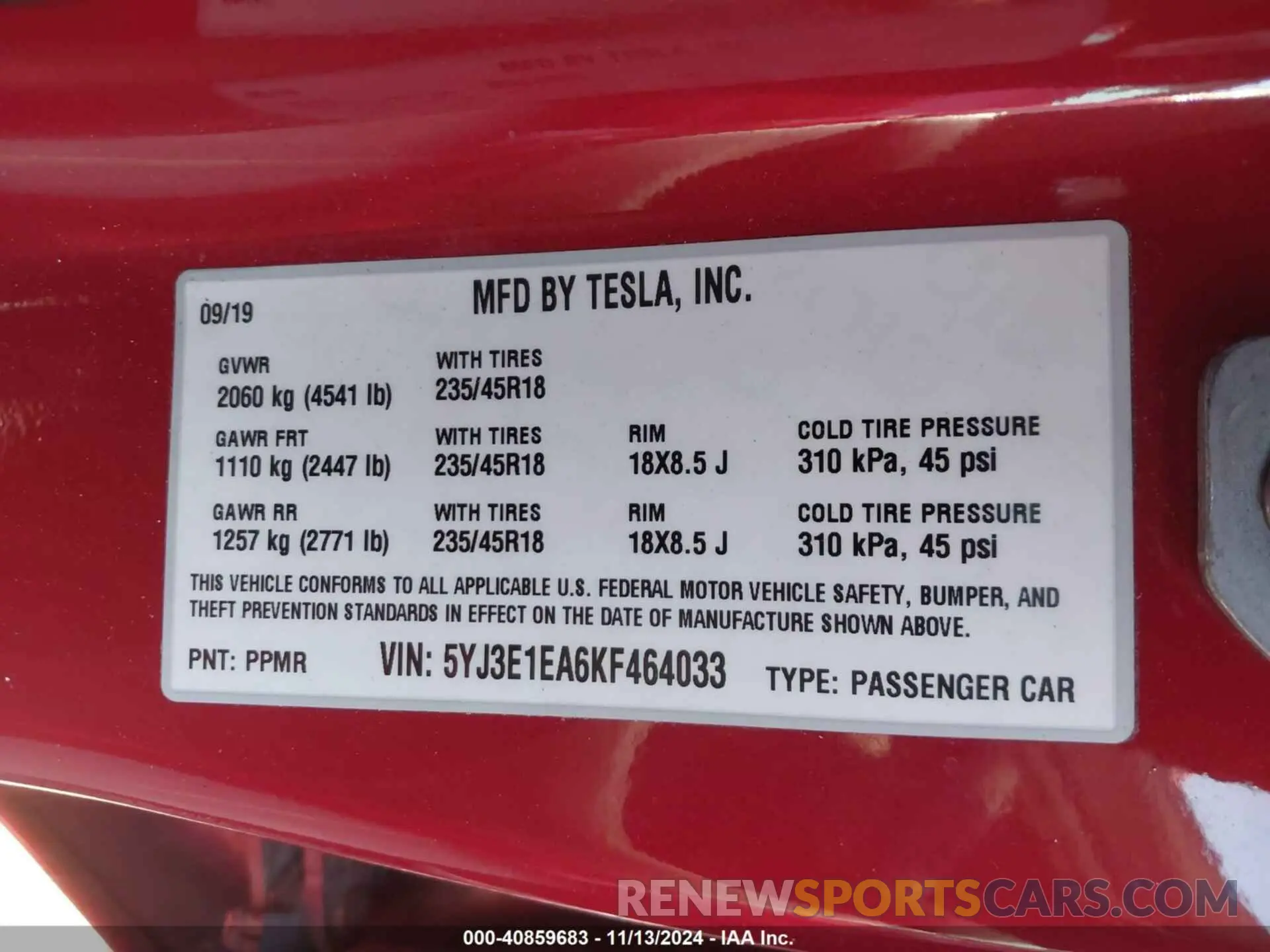 9 Фотография поврежденного автомобиля 5YJ3E1EA6KF464033 TESLA MODEL 3 2019