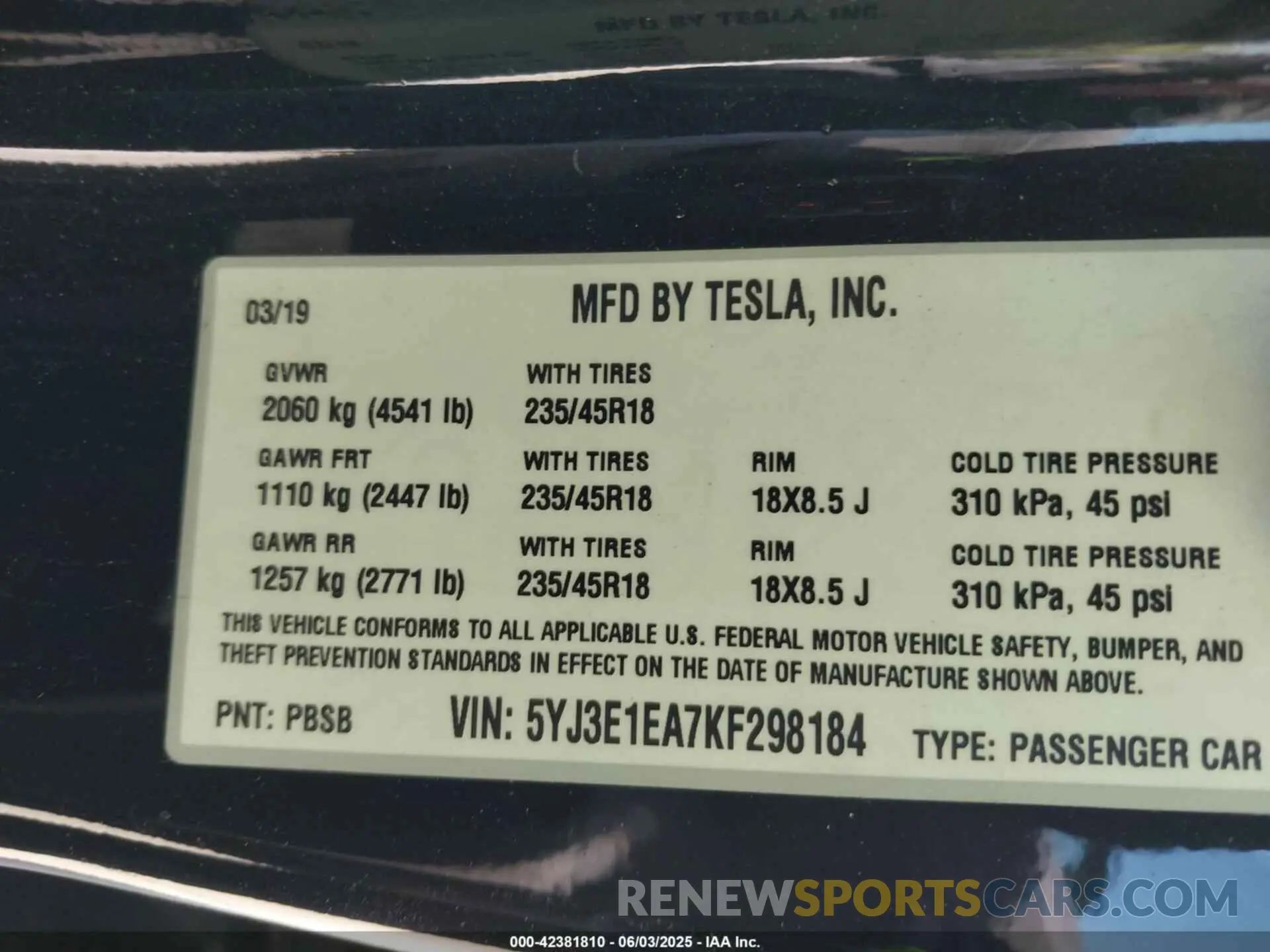 9 Photograph of a damaged car 5YJ3E1EA7KF298184 TESLA MODEL 3 2019