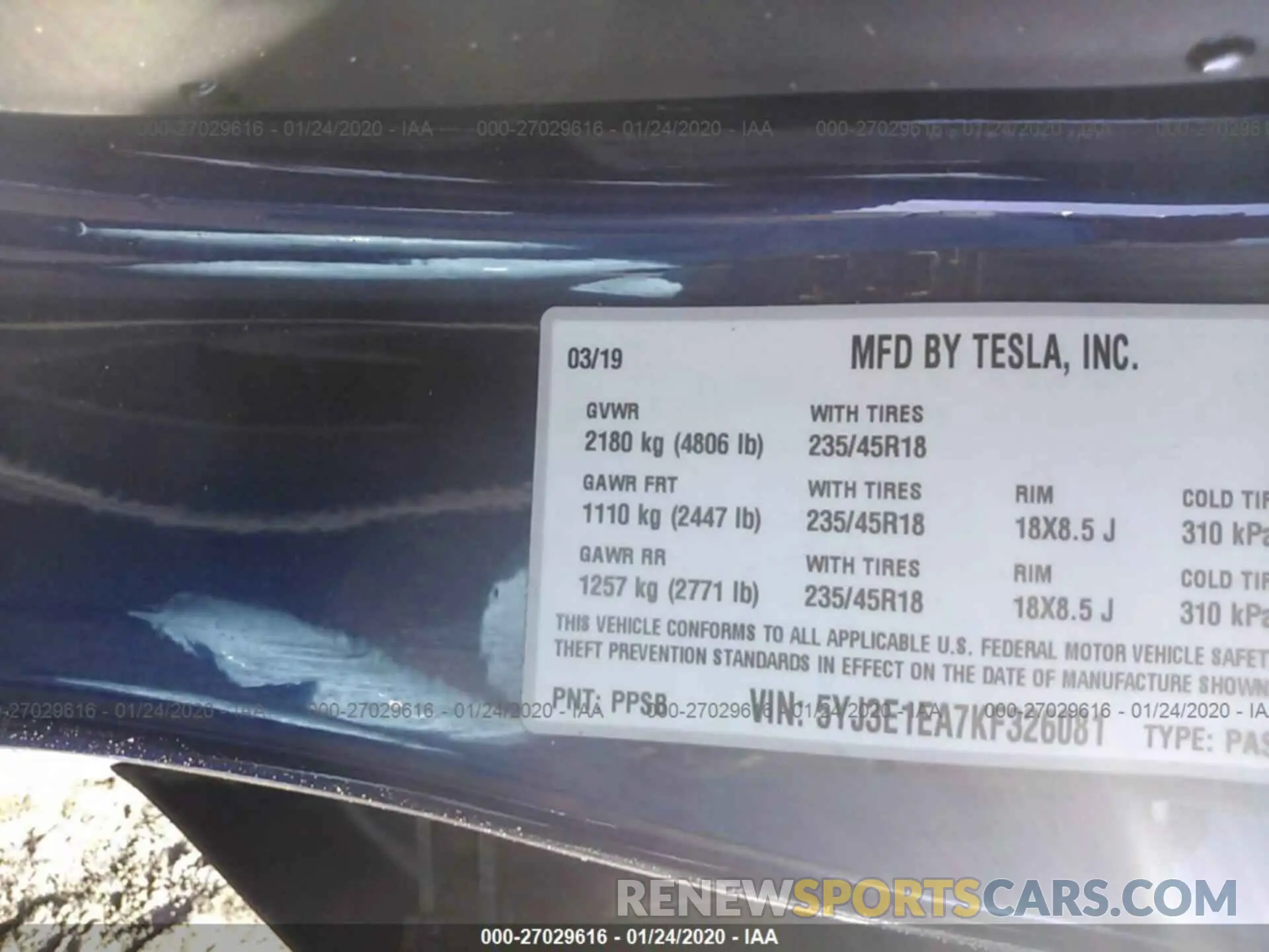 9 Photograph of a damaged car 5YJ3E1EA7KF326081 TESLA MODEL 3 2019