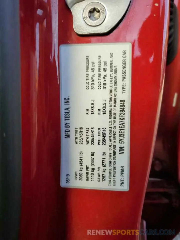 12 Photograph of a damaged car 5YJ3E1EA7KF394848 TESLA MODEL 3 2019