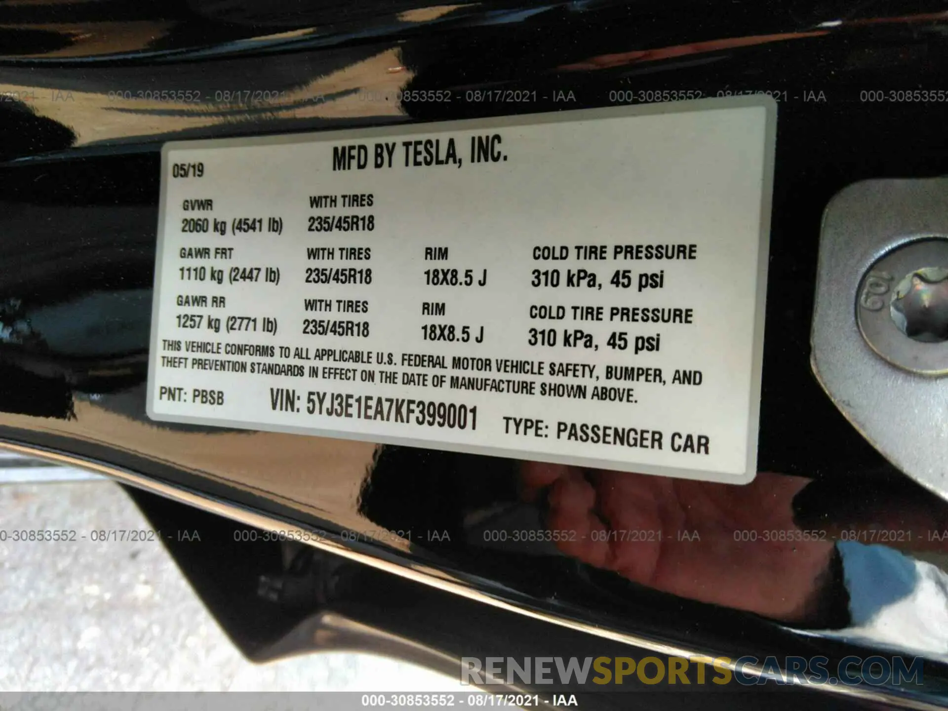 9 Photograph of a damaged car 5YJ3E1EA7KF399001 TESLA MODEL 3 2019
