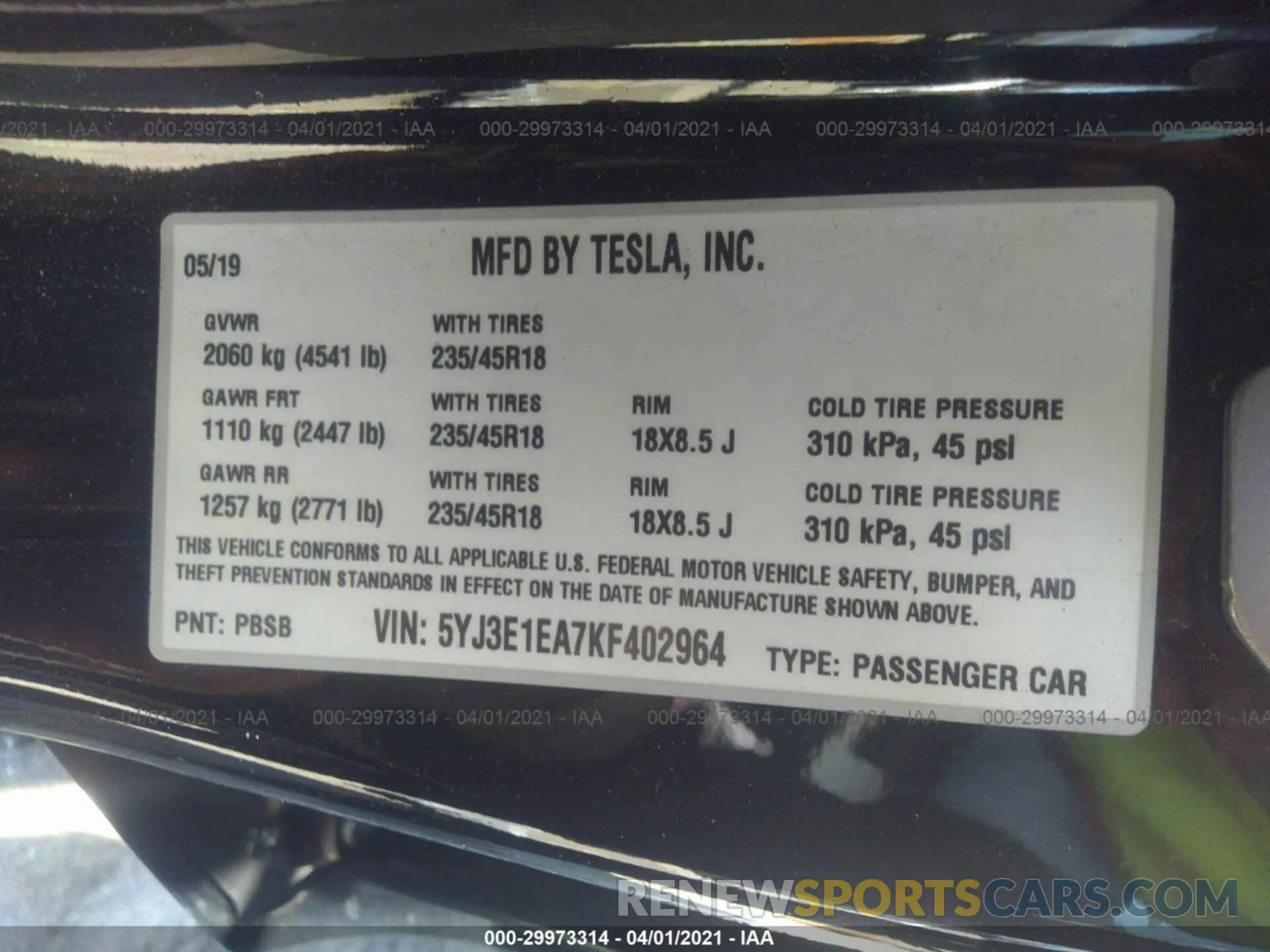 9 Фотография поврежденного автомобиля 5YJ3E1EA7KF402964 TESLA MODEL 3 2019