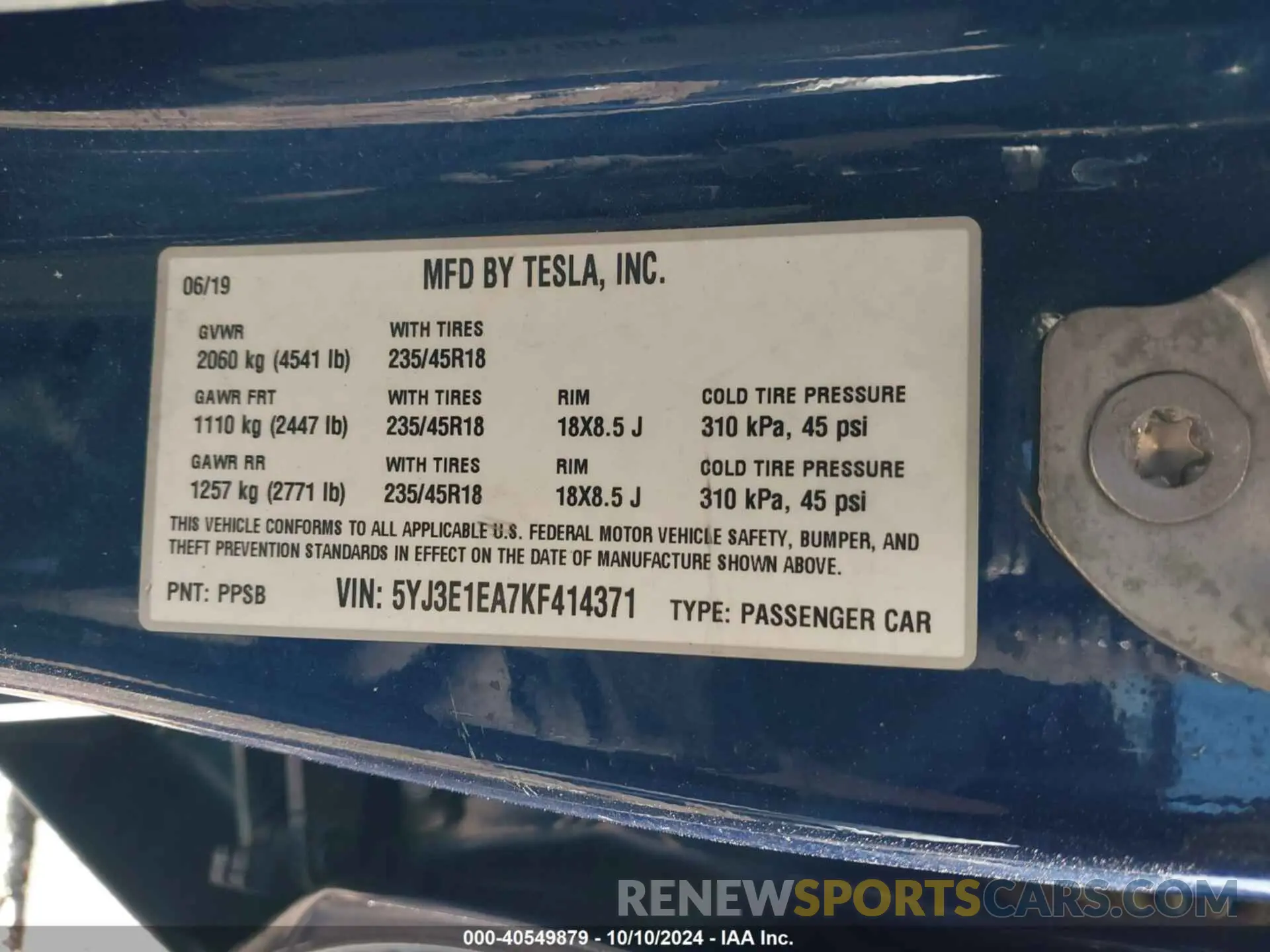 9 Фотография поврежденного автомобиля 5YJ3E1EA7KF414371 TESLA MODEL 3 2019