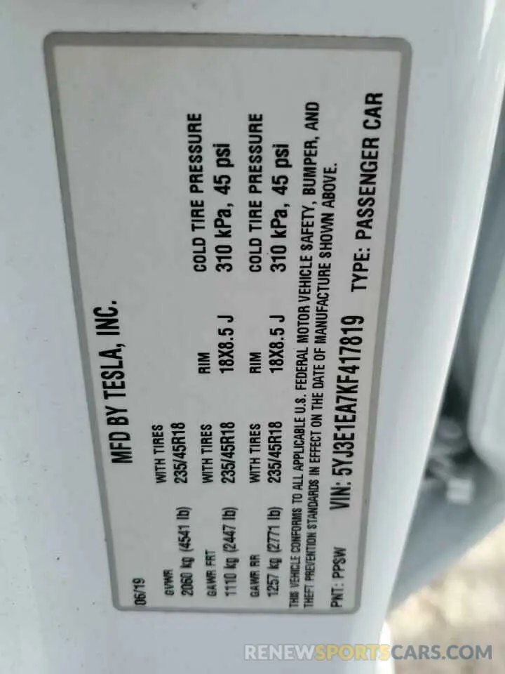 12 Фотография поврежденного автомобиля 5YJ3E1EA7KF417819 TESLA MODEL 3 2019