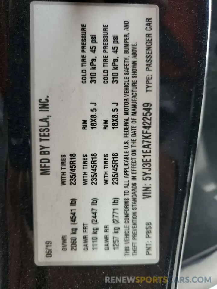 13 Photograph of a damaged car 5YJ3E1EA7KF422549 TESLA MODEL 3 2019