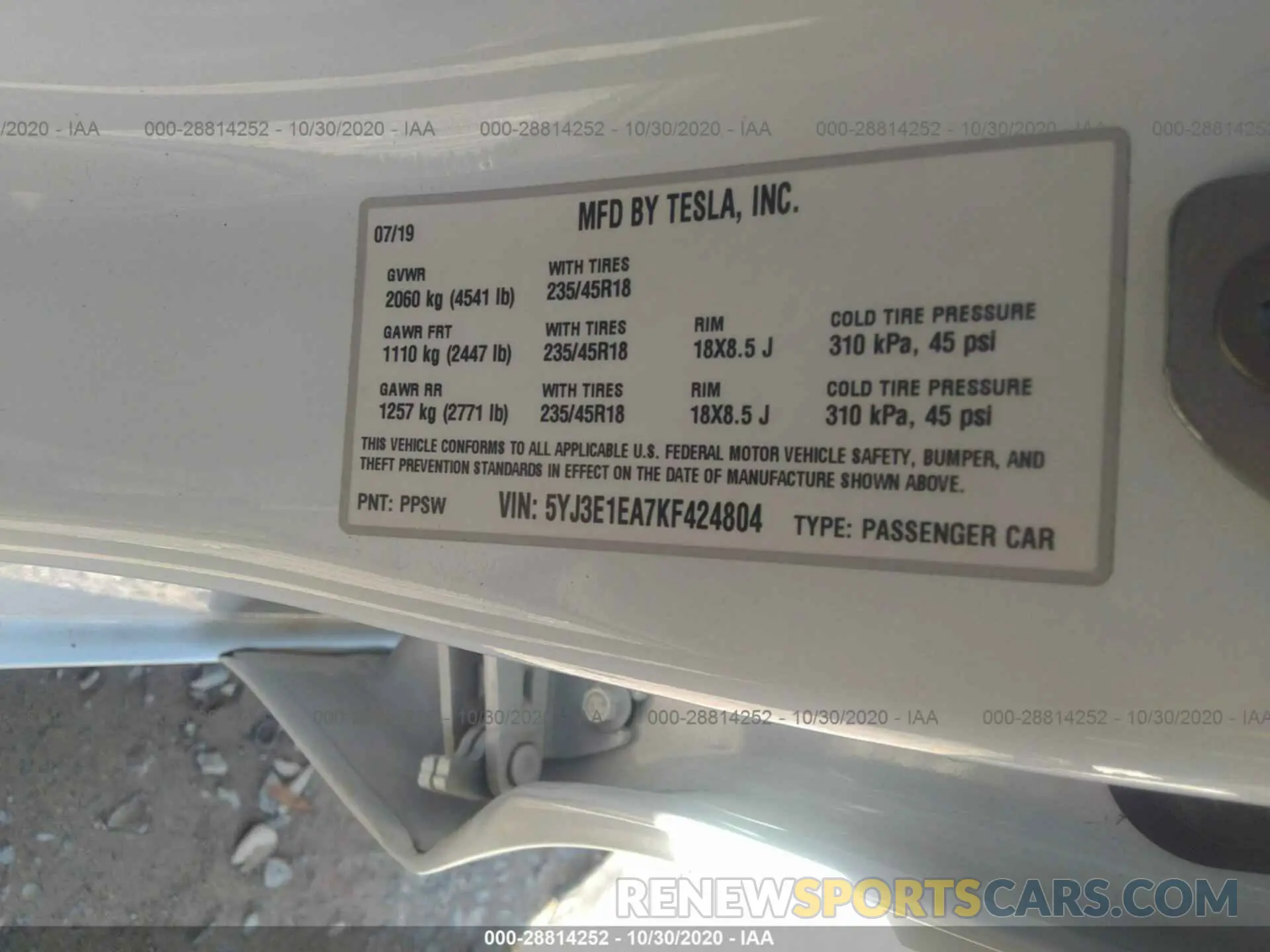 9 Photograph of a damaged car 5YJ3E1EA7KF424804 TESLA MODEL 3 2019