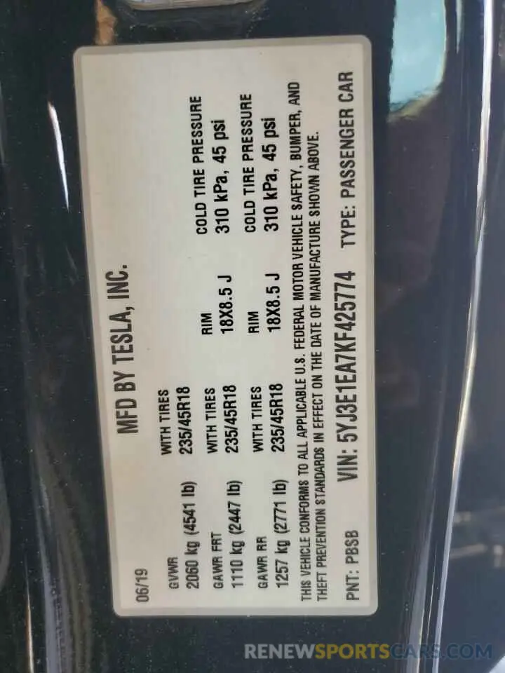 12 Фотография поврежденного автомобиля 5YJ3E1EA7KF425774 TESLA MODEL 3 2019