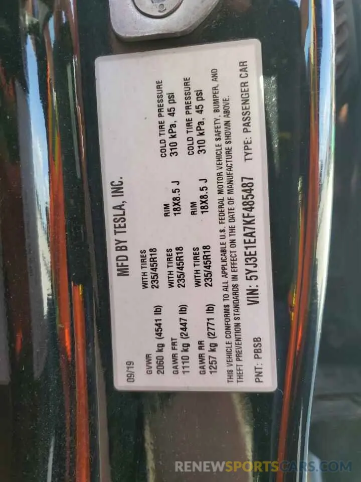 12 Photograph of a damaged car 5YJ3E1EA7KF485487 TESLA MODEL 3 2019