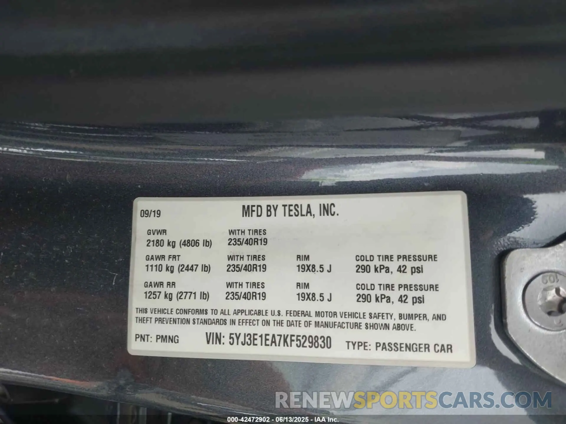 9 Фотография поврежденного автомобиля 5YJ3E1EA7KF529830 TESLA MODEL 3 2019