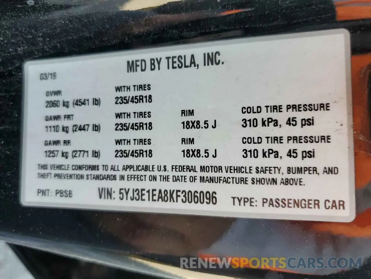 12 Фотография поврежденного автомобиля 5YJ3E1EA8KF306096 TESLA MODEL 3 2019