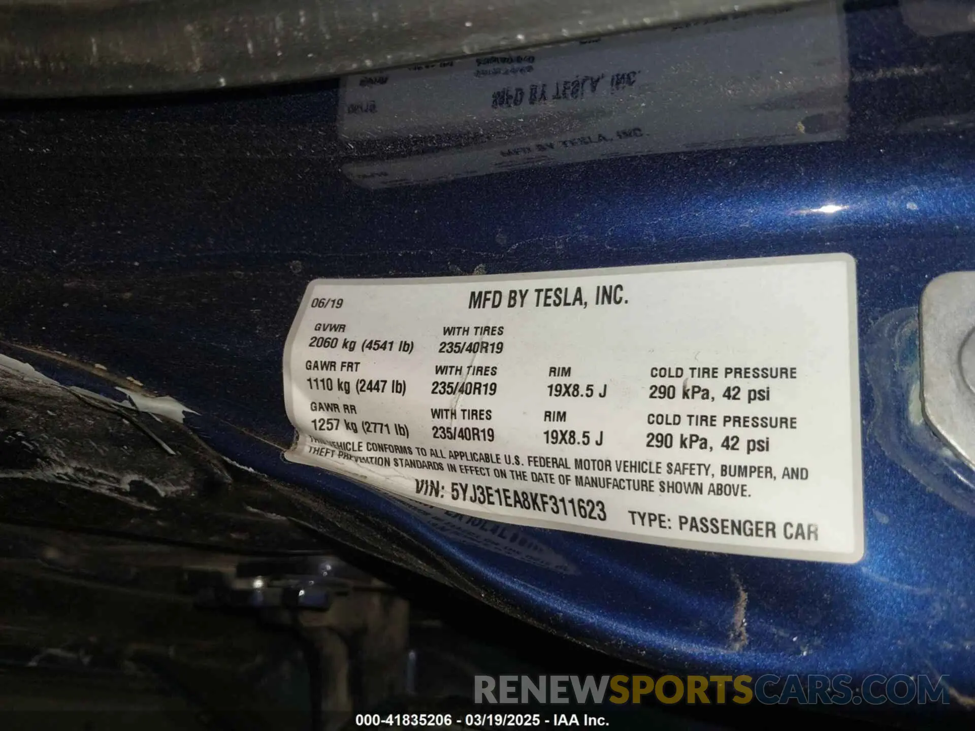 9 Фотография поврежденного автомобиля 5YJ3E1EA8KF311623 TESLA MODEL 3 2019