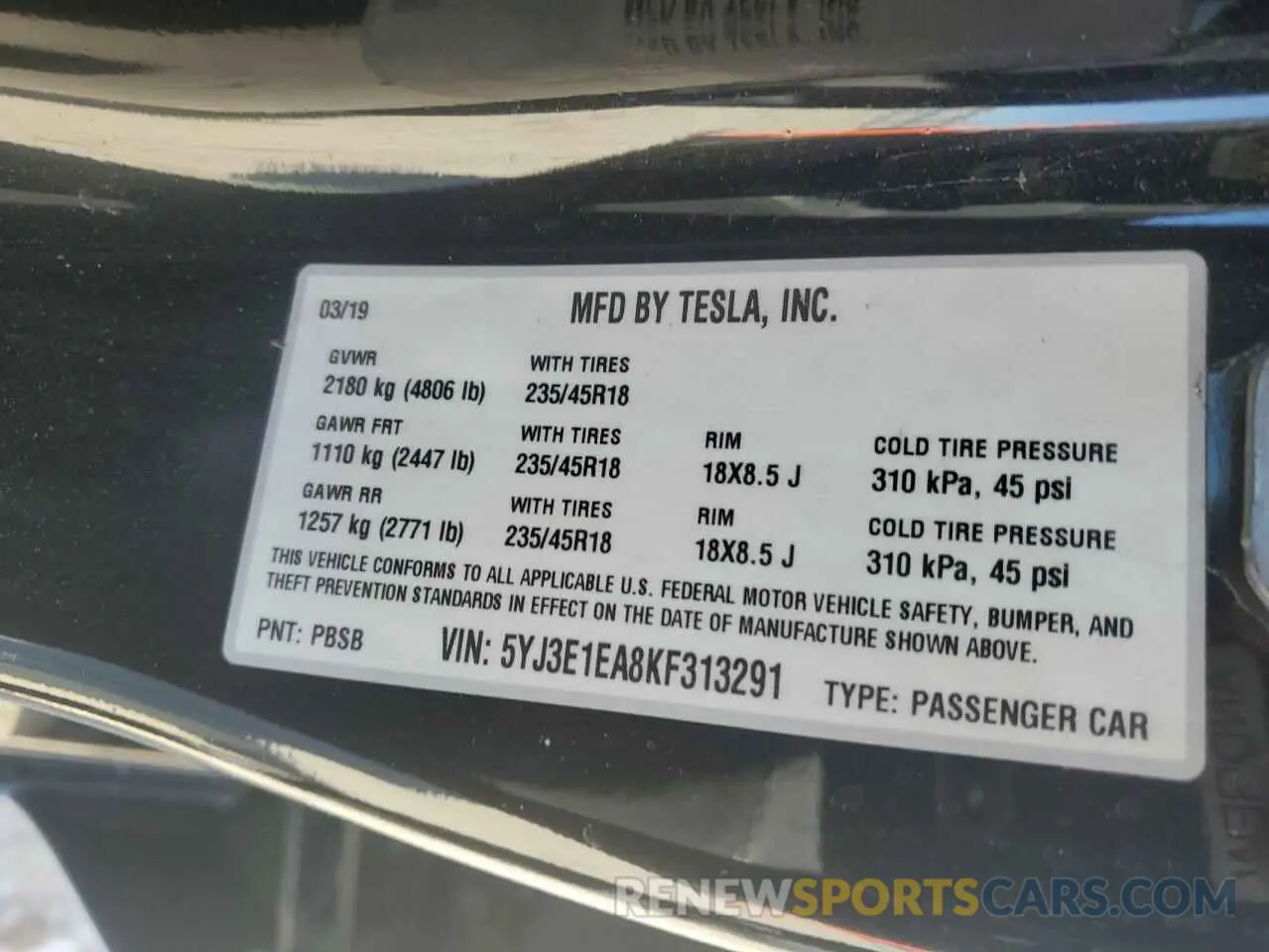 12 Фотография поврежденного автомобиля 5YJ3E1EA8KF313291 TESLA MODEL 3 2019