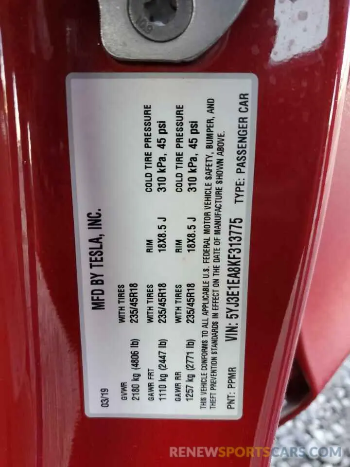 12 Photograph of a damaged car 5YJ3E1EA8KF313775 TESLA MODEL 3 2019