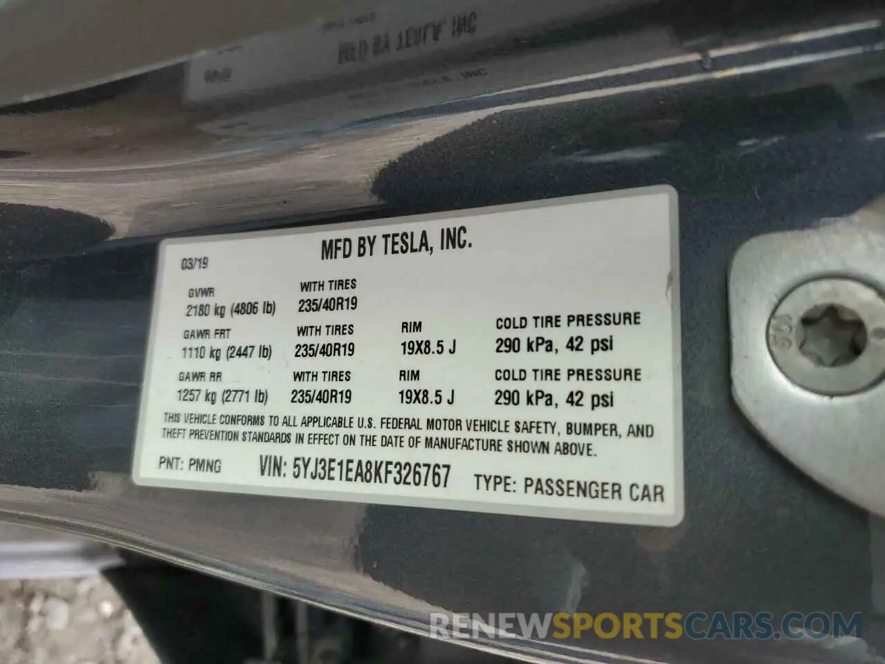 13 Photograph of a damaged car 5YJ3E1EA8KF326767 TESLA MODEL 3 2019