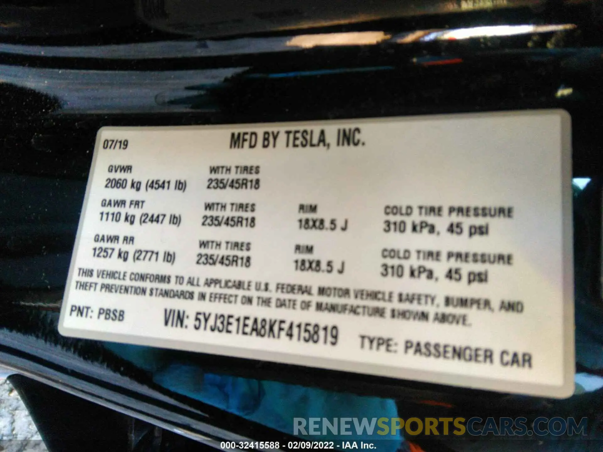 9 Photograph of a damaged car 5YJ3E1EA8KF415819 TESLA MODEL 3 2019