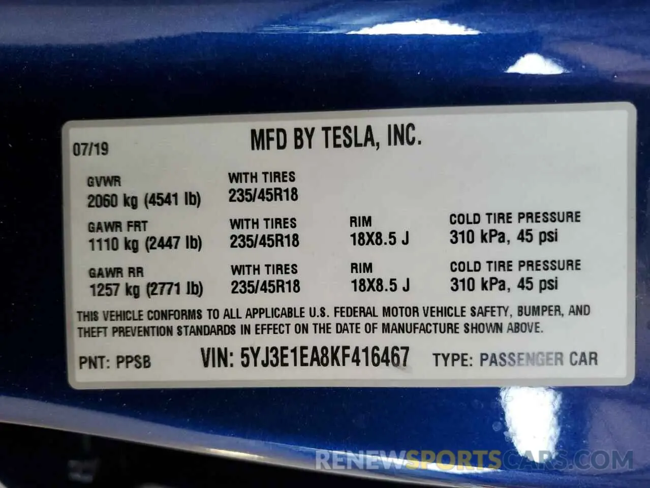 12 Photograph of a damaged car 5YJ3E1EA8KF416467 TESLA MODEL 3 2019
