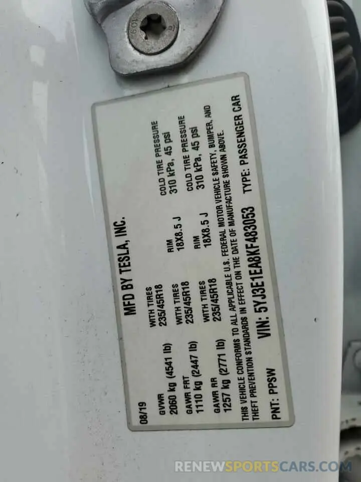 12 Фотография поврежденного автомобиля 5YJ3E1EA8KF483053 TESLA MODEL 3 2019